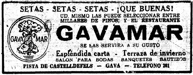 Anunci dels bolets del Restaurant Gavamar de Gav� Mar publicat al diari LA VANGUARDIA (2 de Novembre de 1957)